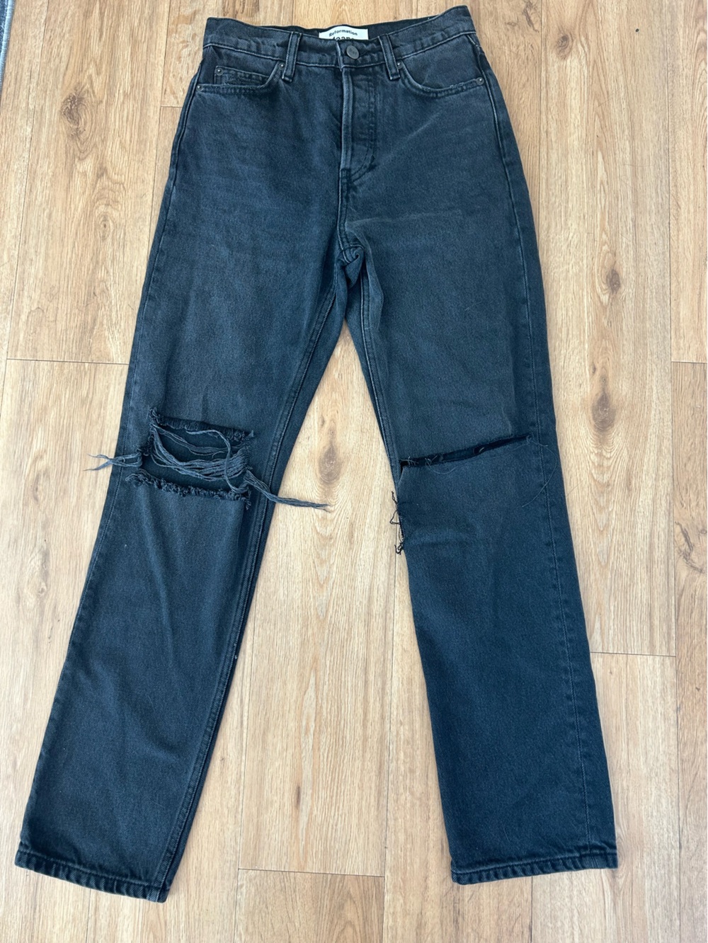 Reformation Cynthia High Rise Distressed Black Ripped Straight Leg Jeans Sz 24
